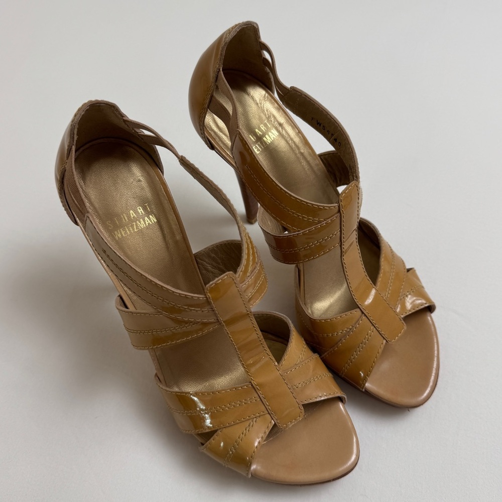 Stuart Weitzman Patent Leather Strappy Stiletto Platform Heels Size 8.5 Classic - Picture 8 of 13